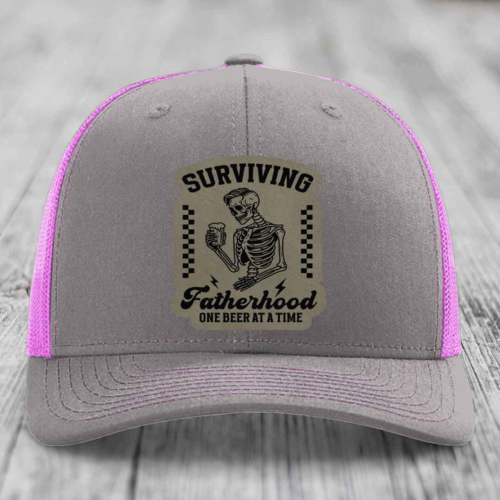 Surviving Fatherhood, One Beer At A Time - Leather Patch Hat - Light Brown to Black Patch - Richardson 112 Snapback Trucker Hat