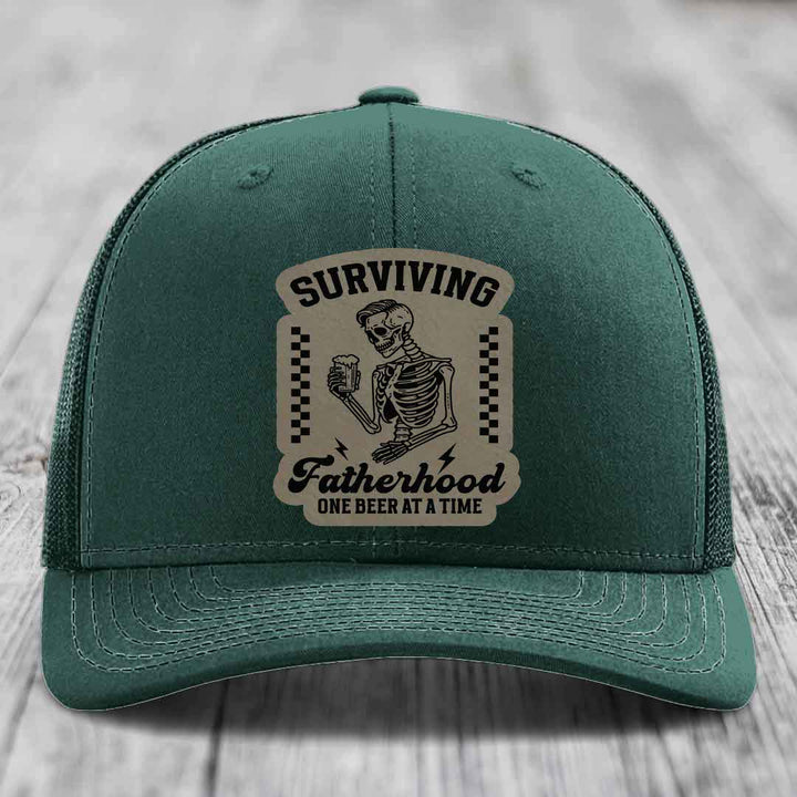 Surviving Fatherhood, One Beer At A Time - Leather Patch Hat - Light Brown to Black Patch - Richardson 112 Snapback Trucker Hat