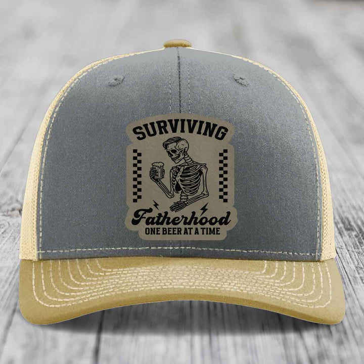 Surviving Fatherhood, One Beer At A Time - Leather Patch Hat - Light Brown to Black Patch - Richardson 112 Snapback Trucker Hat
