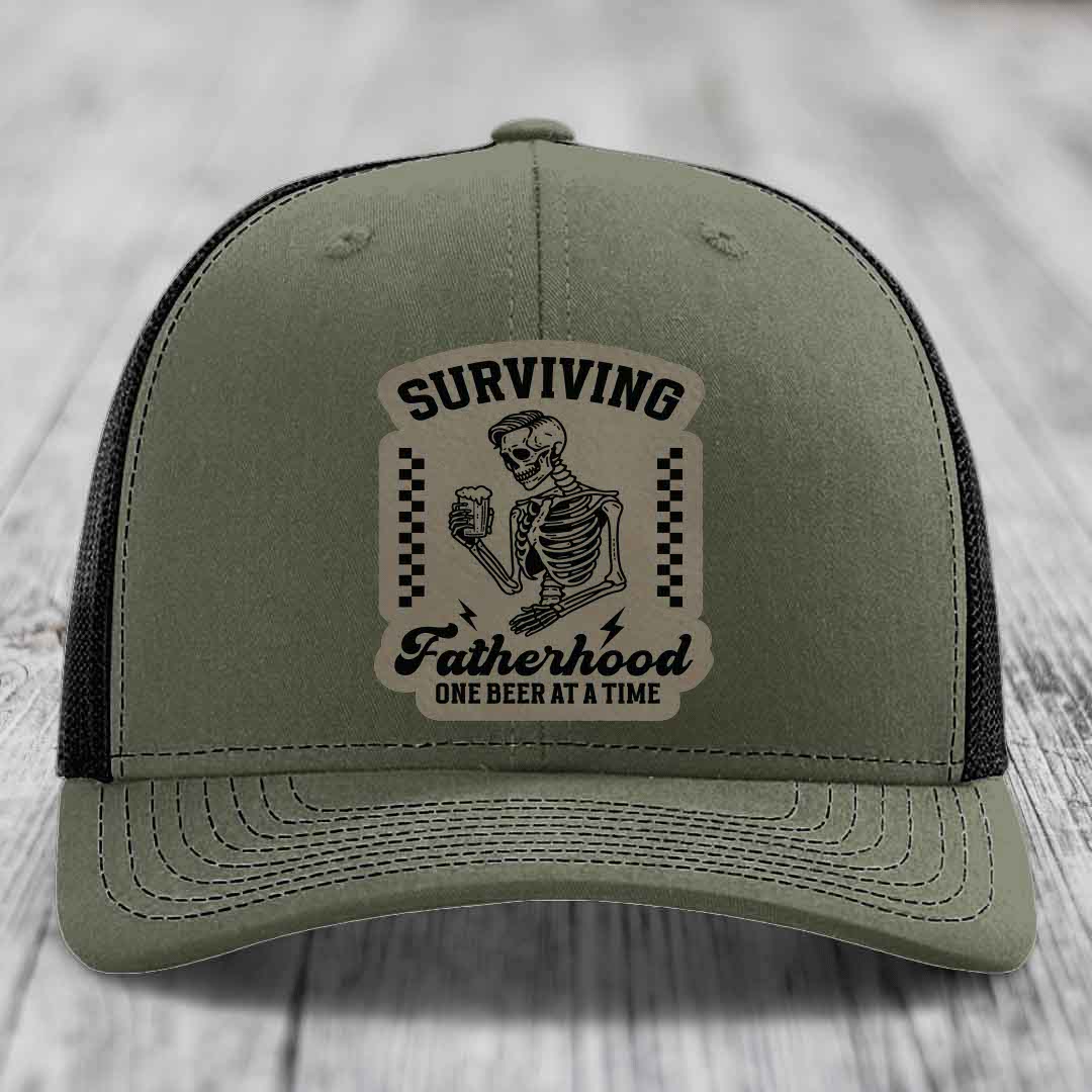 Surviving Fatherhood, One Beer At A Time - Leather Patch Hat - Light Brown to Black Patch - Richardson 112 Snapback Trucker Hat