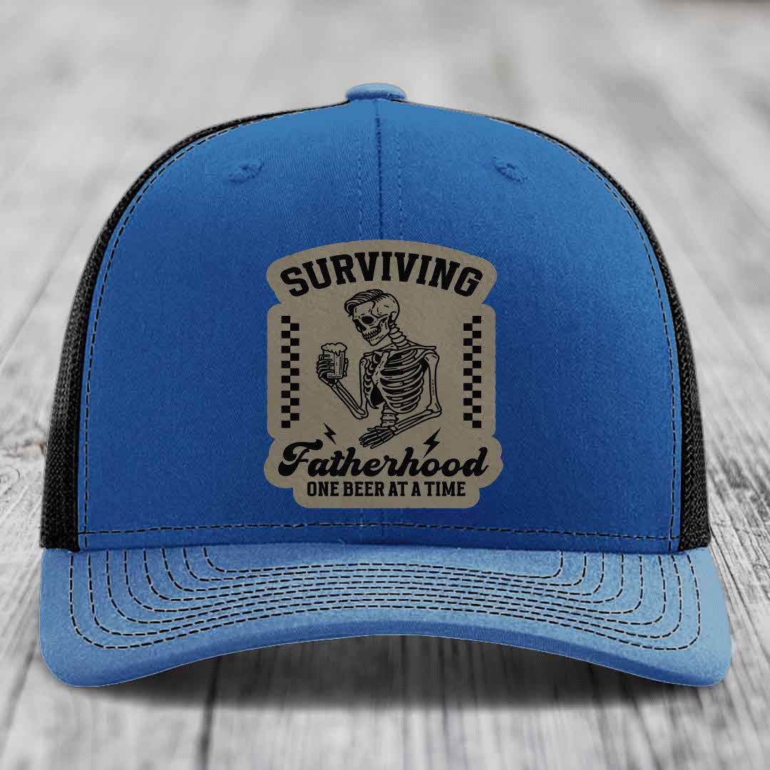 Surviving Fatherhood, One Beer At A Time - Leather Patch Hat - Light Brown to Black Patch - Richardson 112 Snapback Trucker Hat