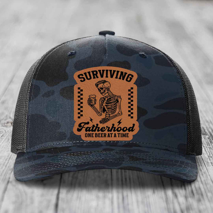 Surviving Fatherhood, One Beer At A Time - Leather Patch Hat - Rawhide to Black Patch - Richardson 112PFP Snapback Trucker Hat