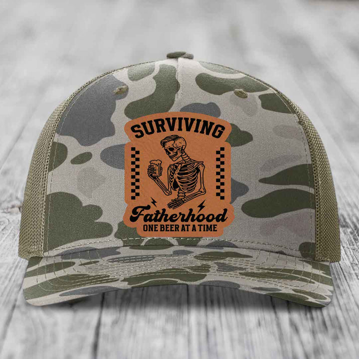 Surviving Fatherhood, One Beer At A Time - Leather Patch Hat - Rawhide to Black Patch - Richardson 112PFP Snapback Trucker Hat