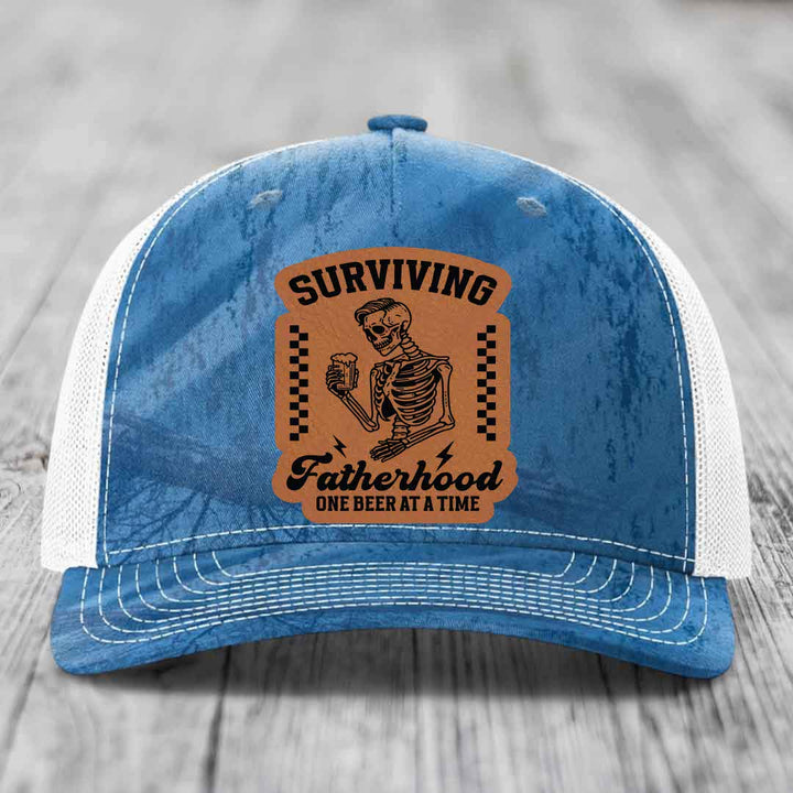 Surviving Fatherhood, One Beer At A Time - Leather Patch Hat - Rawhide to Black Patch - Richardson 112PFP Snapback Trucker Hat