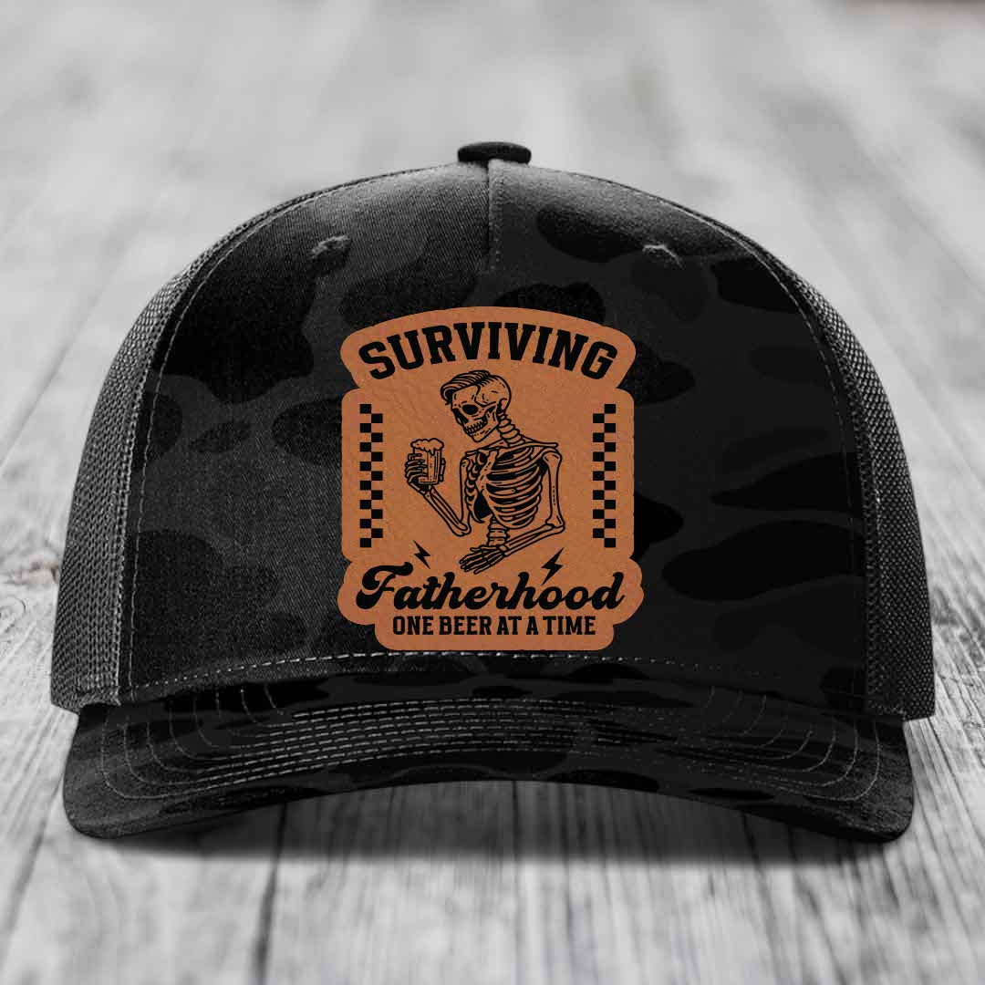 Surviving Fatherhood, One Beer At A Time - Leather Patch Hat - Rawhide to Black Patch - Richardson 112PFP Snapback Trucker Hat