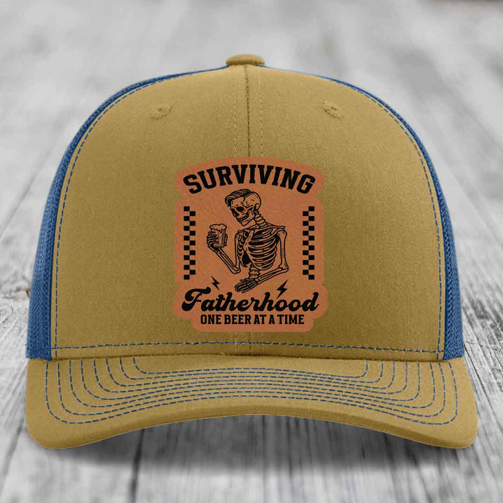 Surviving Fatherhood, One Beer At A Time - Leather Patch Hat - Rawhide to Black Patch - Richardson 112 Snapback Trucker Hat