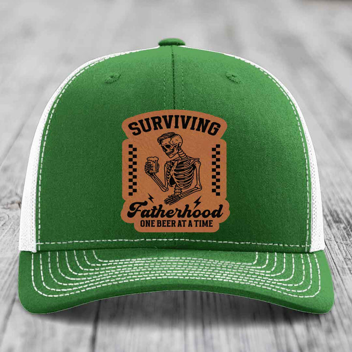 Surviving Fatherhood, One Beer At A Time - Leather Patch Hat - Rawhide to Black Patch - Richardson 112 Snapback Trucker Hat