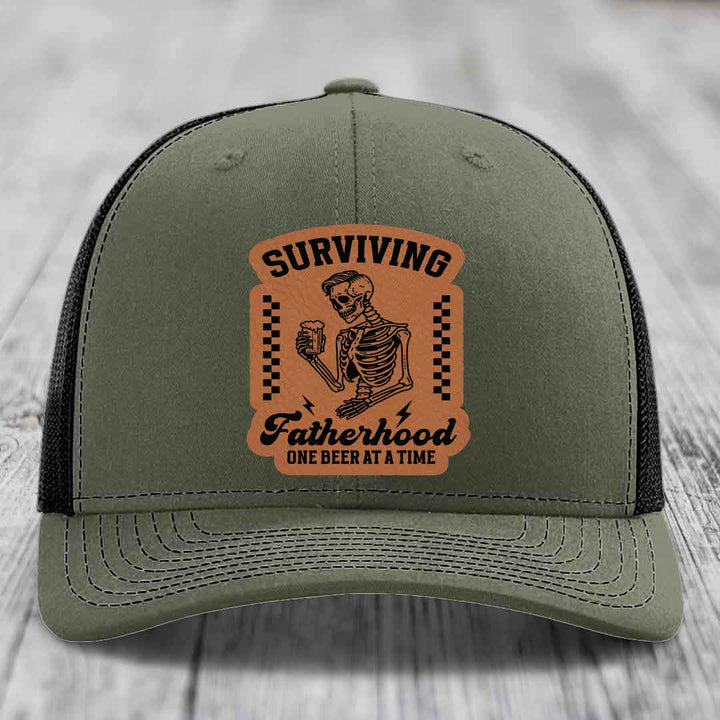 Surviving Fatherhood, One Beer At A Time - Leather Patch Hat - Rawhide to Black Patch - Richardson 112 Snapback Trucker Hat