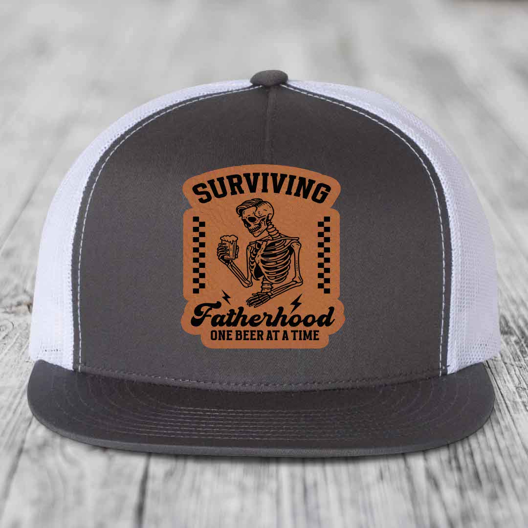 Surviving Fatherhood, One Beer At A Time - Leather Patch Hat - Rawhide to Black Patch - Yupoong 6006 Snapback Flatbill Hat