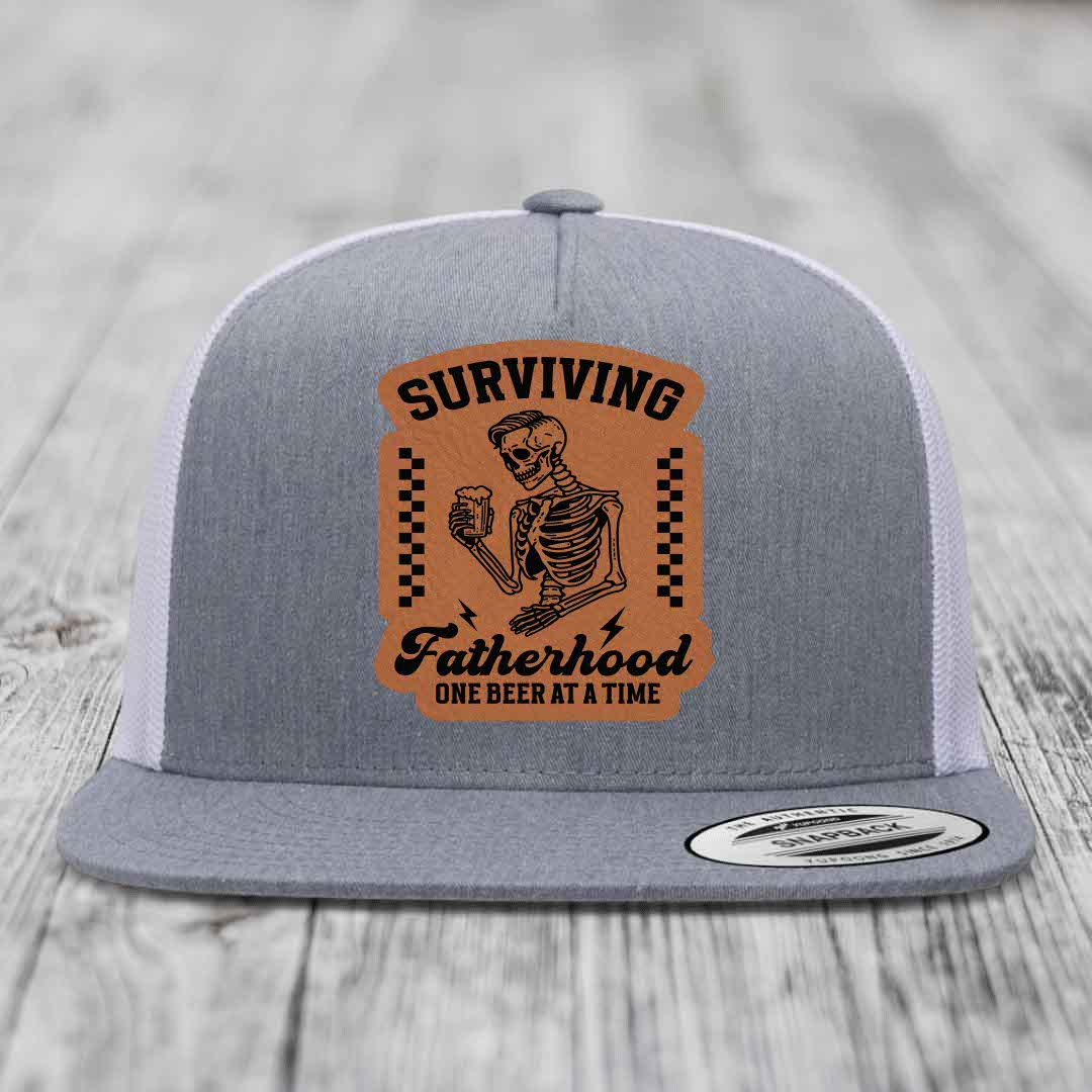 Surviving Fatherhood, One Beer At A Time - Leather Patch Hat - Rawhide to Black Patch - Yupoong 6006 Snapback Flatbill Hat