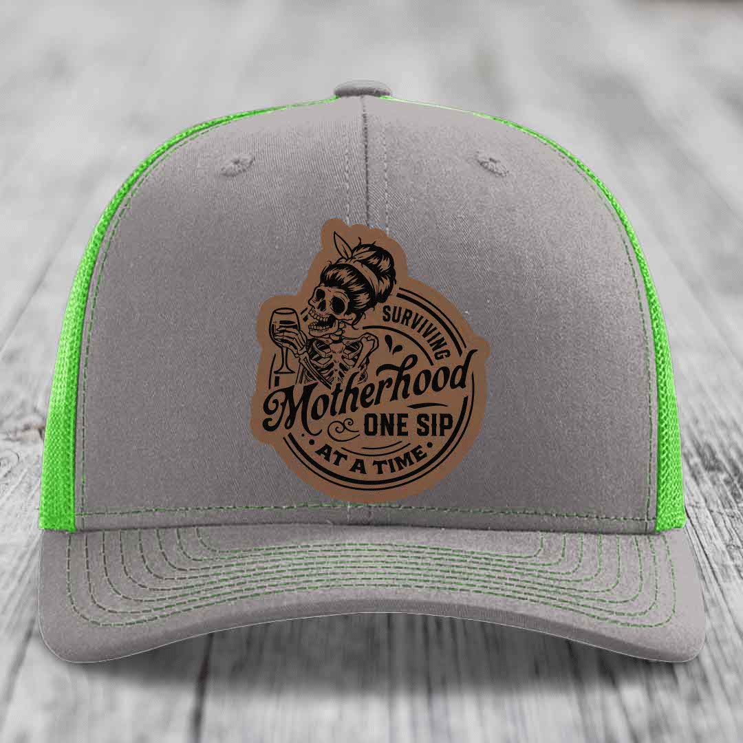 Surviving Motherhood, One Sip At A Time - Leather Patch Hat - Dark Brown to Black Patch - Richardson 112 Snapback Trucker Hat
