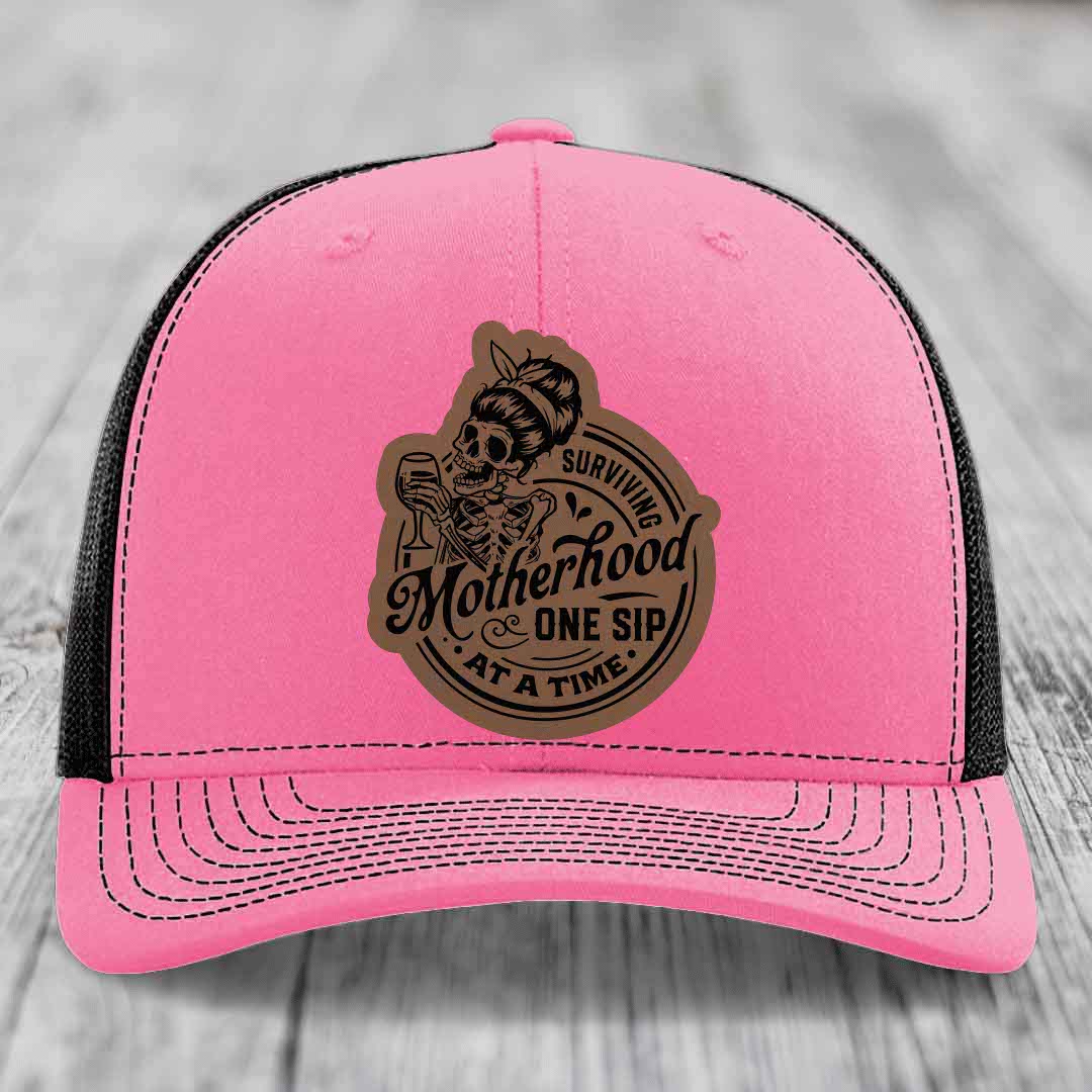 Surviving Motherhood, One Sip At A Time - Leather Patch Hat - Dark Brown to Black Patch - Richardson 112 Snapback Trucker Hat