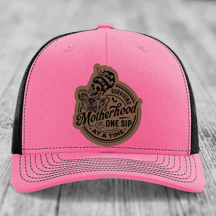 Surviving Motherhood, One Sip At A Time - Leather Patch Hat - Dark Brown to Black Patch - Richardson 112 Snapback Trucker Hat