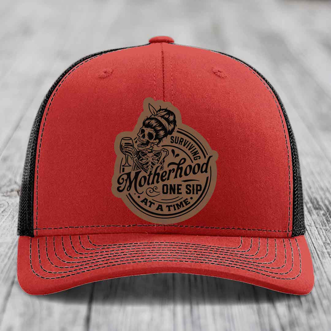 Surviving Motherhood, One Sip At A Time - Leather Patch Hat - Dark Brown to Black Patch - Richardson 112 Snapback Trucker Hat