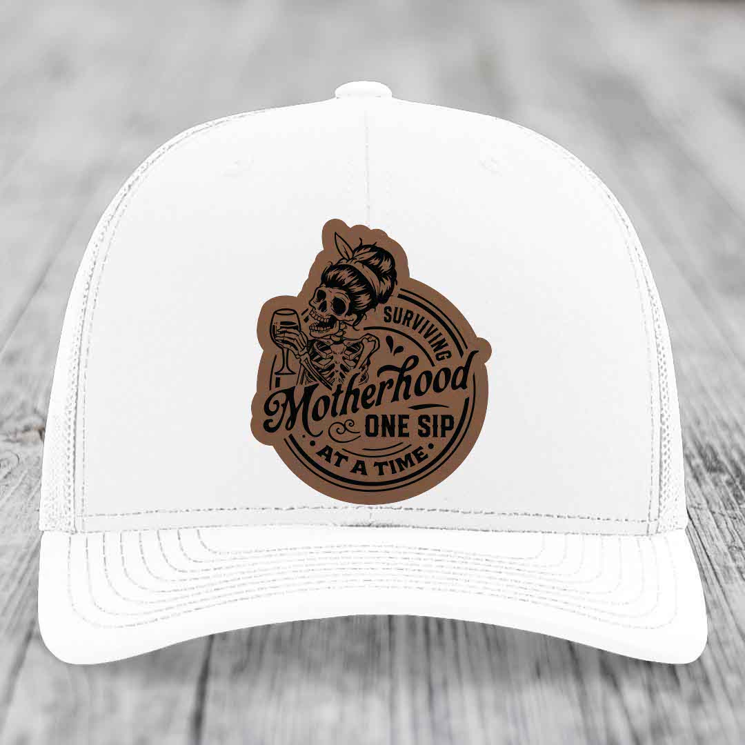 Surviving Motherhood, One Sip At A Time - Leather Patch Hat - Dark Brown to Black Patch - Richardson 112 Snapback Trucker Hat