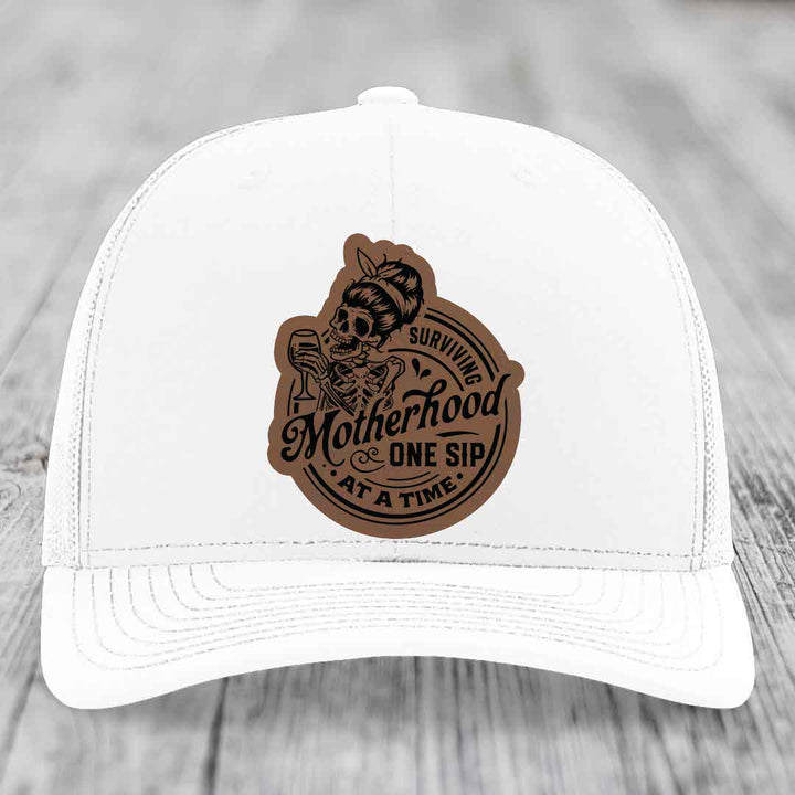 Surviving Motherhood, One Sip At A Time - Leather Patch Hat - Dark Brown to Black Patch - Richardson 112 Snapback Trucker Hat