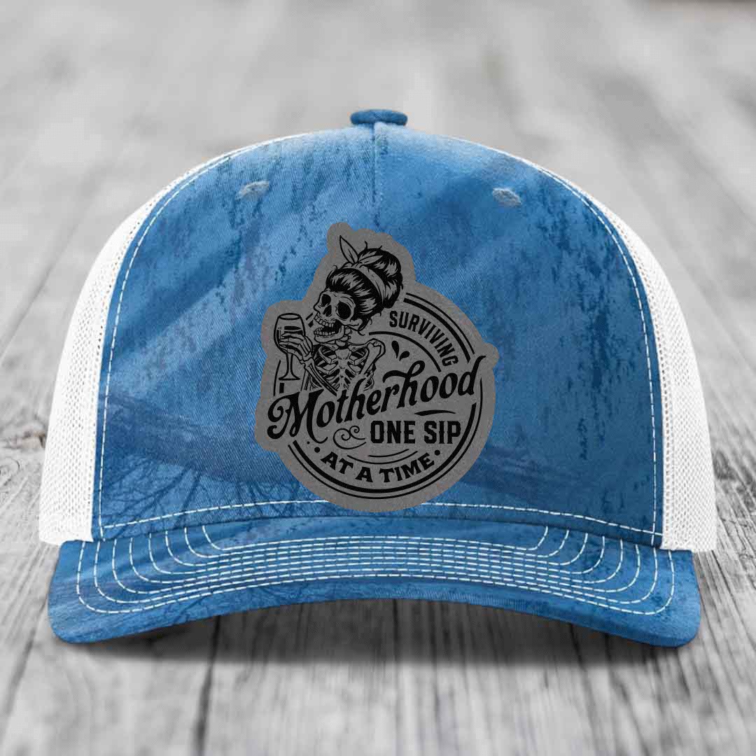 Surviving Motherhood, One Sip At A Time - Leather Patch Hat - Grey to Black Patch - Richardson 112PFP Snapback Trucker Hat