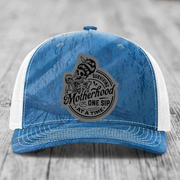 Surviving Motherhood, One Sip At A Time - Leather Patch Hat - Grey to Black Patch - Richardson 112PFP Snapback Trucker Hat