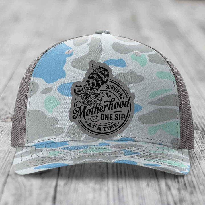 Surviving Motherhood, One Sip At A Time - Leather Patch Hat - Grey to Black Patch - Richardson 112PFP Snapback Trucker Hat