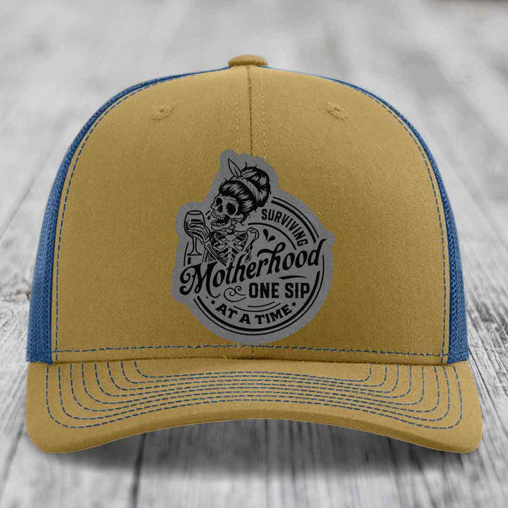 Surviving Motherhood, One Sip At A Time - Leather Patch Hat - Grey to Black Patch - Richardson 112 Snapback Trucker Hat
