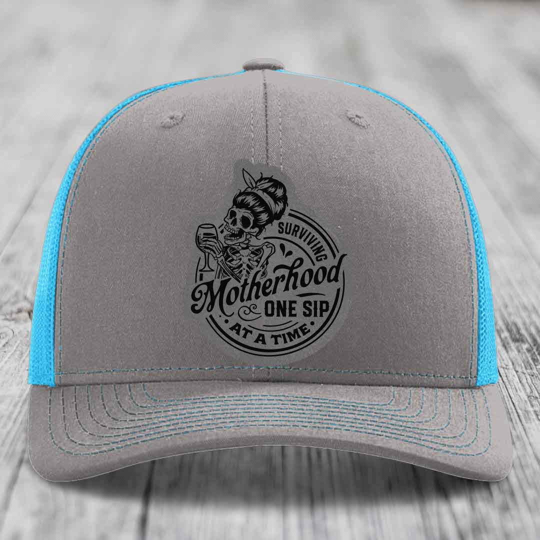 Surviving Motherhood, One Sip At A Time - Leather Patch Hat - Grey to Black Patch - Richardson 112 Snapback Trucker Hat