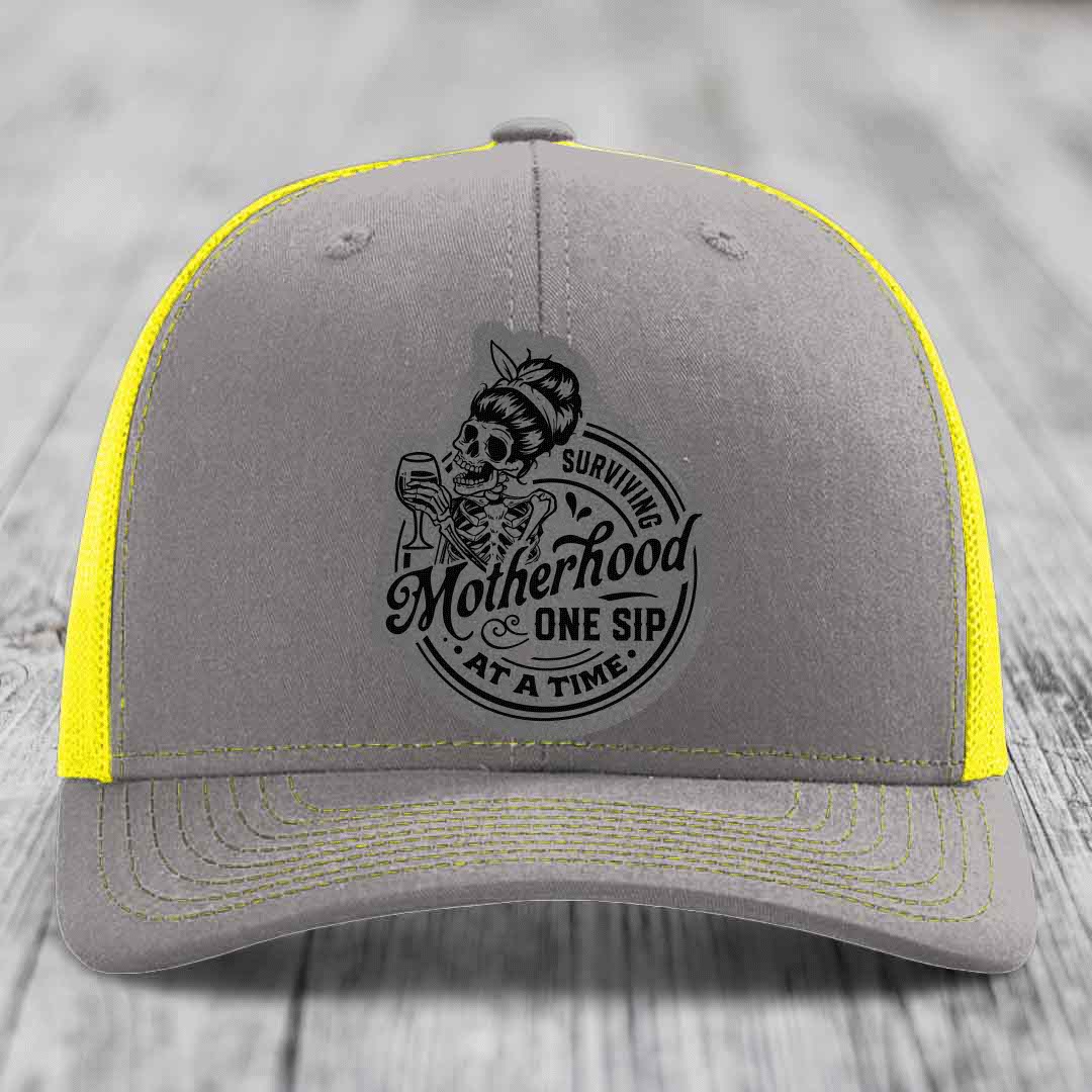 Surviving Motherhood, One Sip At A Time - Leather Patch Hat - Grey to Black Patch - Richardson 112 Snapback Trucker Hat