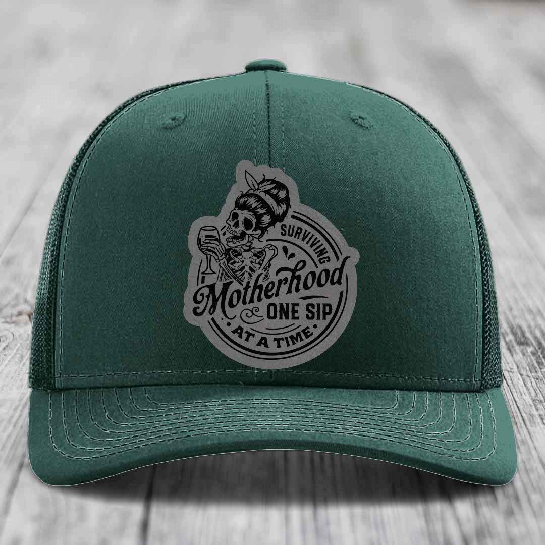 Surviving Motherhood, One Sip At A Time - Leather Patch Hat - Grey to Black Patch - Richardson 112 Snapback Trucker Hat