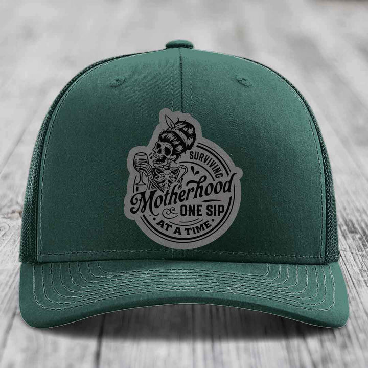 Surviving Motherhood, One Sip At A Time - Leather Patch Hat - Grey to Black Patch - Richardson 112 Snapback Trucker Hat