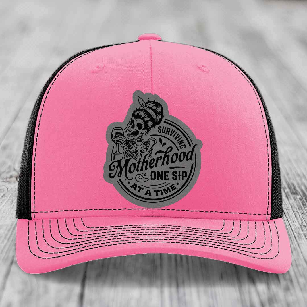 Surviving Motherhood, One Sip At A Time - Leather Patch Hat - Grey to Black Patch - Richardson 112 Snapback Trucker Hat