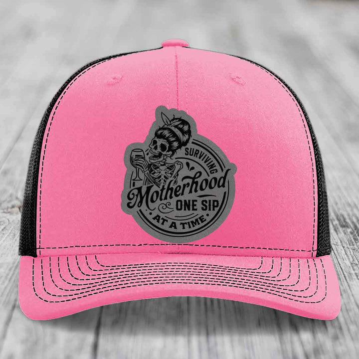 Surviving Motherhood, One Sip At A Time - Leather Patch Hat - Grey to Black Patch - Richardson 112 Snapback Trucker Hat