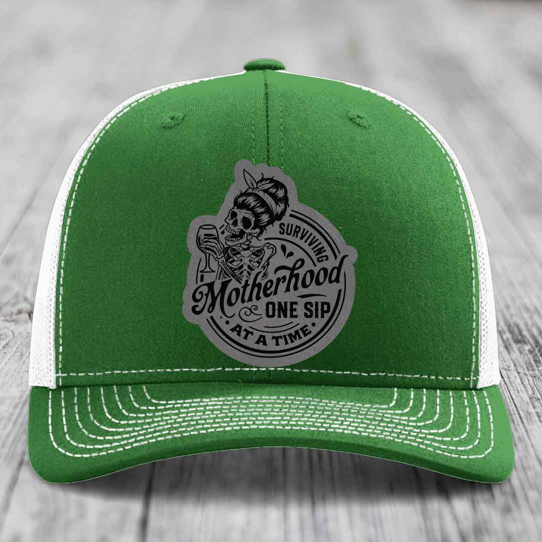 Surviving Motherhood, One Sip At A Time - Leather Patch Hat - Grey to Black Patch - Richardson 112 Snapback Trucker Hat