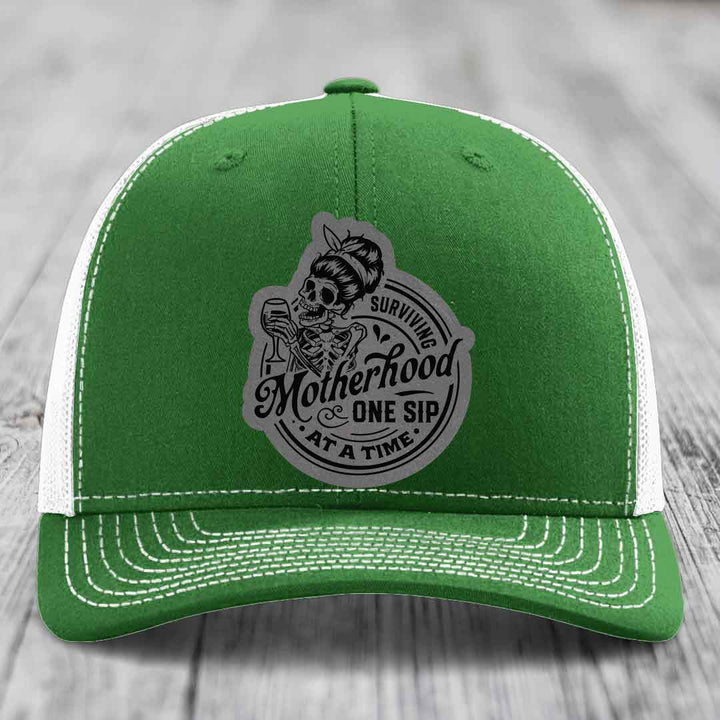 Surviving Motherhood, One Sip At A Time - Leather Patch Hat - Grey to Black Patch - Richardson 112 Snapback Trucker Hat
