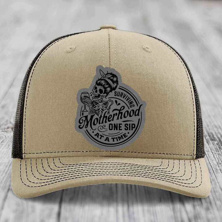 Surviving Motherhood, One Sip At A Time - Leather Patch Hat - Grey to Black Patch - Richardson 112 Snapback Trucker Hat