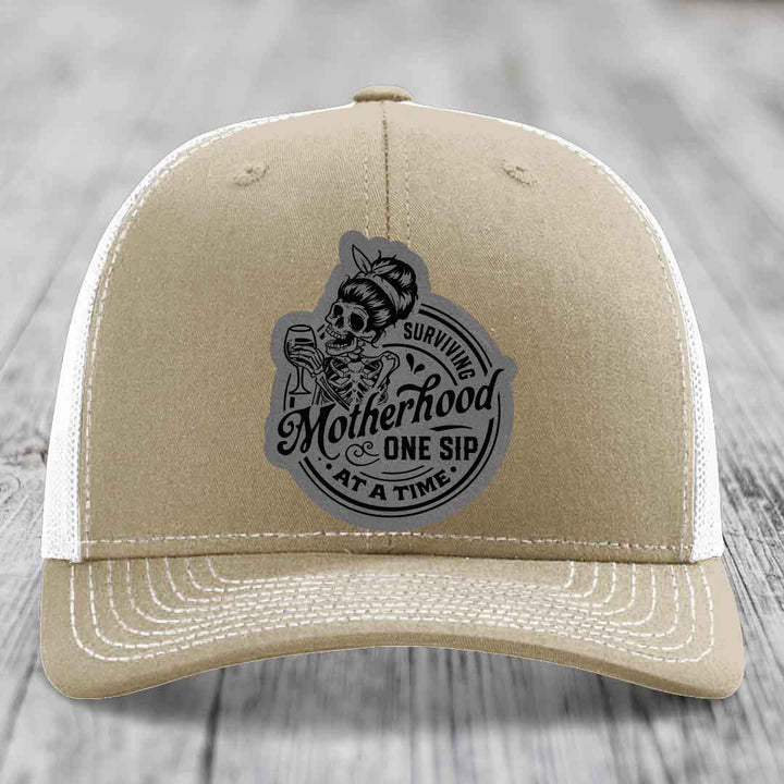 Surviving Motherhood, One Sip At A Time - Leather Patch Hat - Grey to Black Patch - Richardson 112 Snapback Trucker Hat