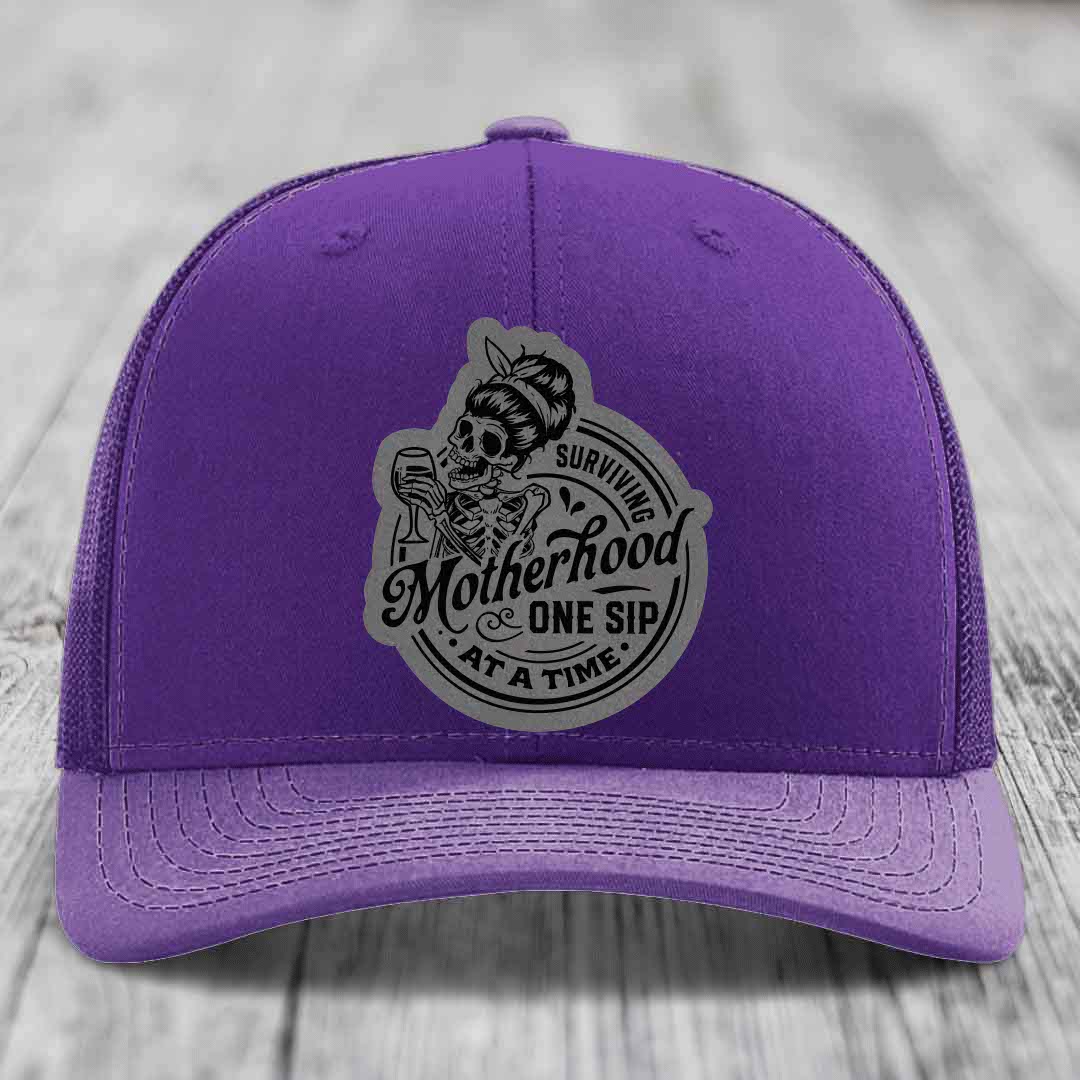 Surviving Motherhood, One Sip At A Time - Leather Patch Hat - Grey to Black Patch - Richardson 112 Snapback Trucker Hat
