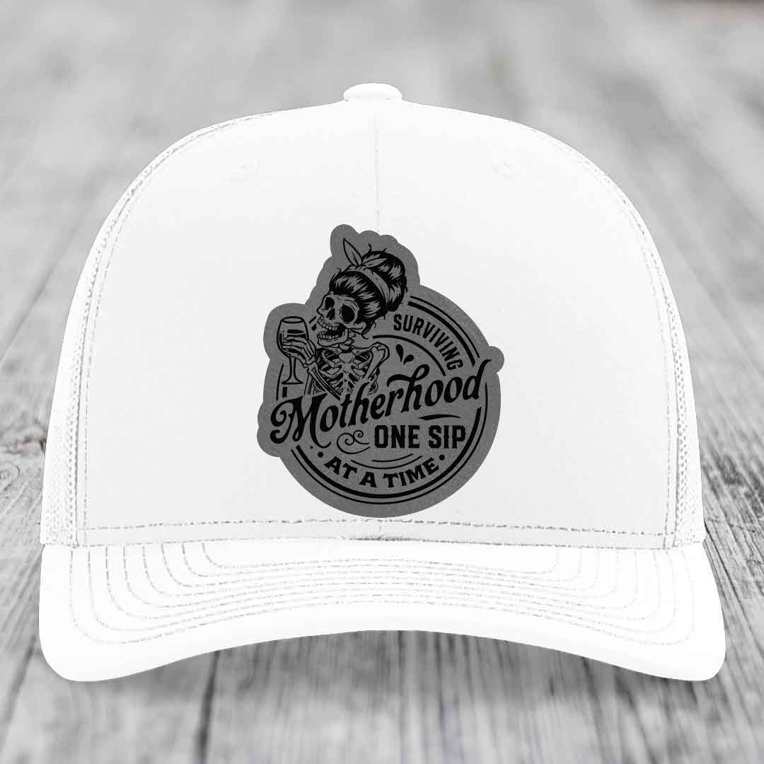 Surviving Motherhood, One Sip At A Time - Leather Patch Hat - Grey to Black Patch - Richardson 112 Snapback Trucker Hat