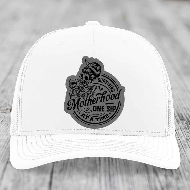 Surviving Motherhood, One Sip At A Time - Leather Patch Hat - Grey to Black Patch - Richardson 112 Snapback Trucker Hat
