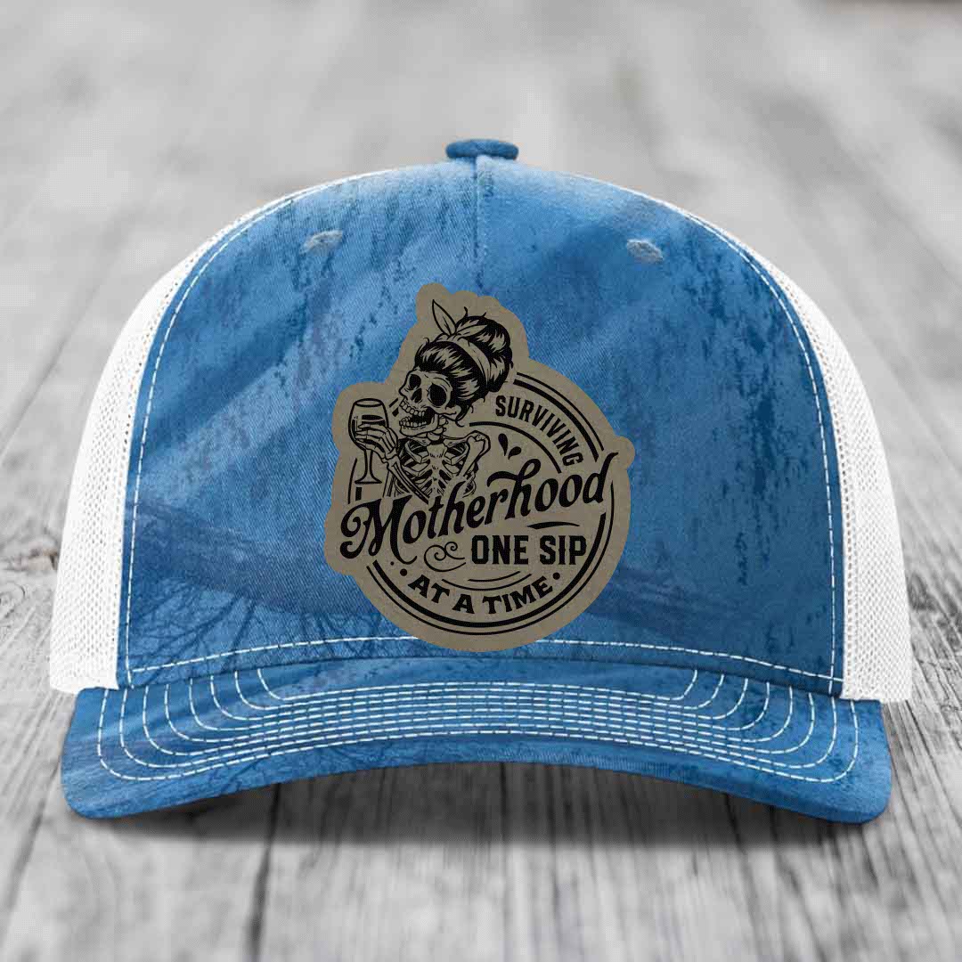 Surviving Motherhood, One Sip At A Time - Leather Patch Hat - Light Brown to Black Patch - Richardson 112PFP Snapback Trucker Hat