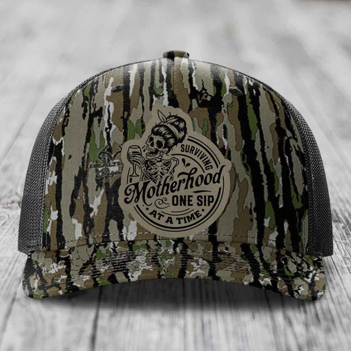 Surviving Motherhood, One Sip At A Time - Leather Patch Hat - Light Brown to Black Patch - Richardson 112PFP Snapback Trucker Hat