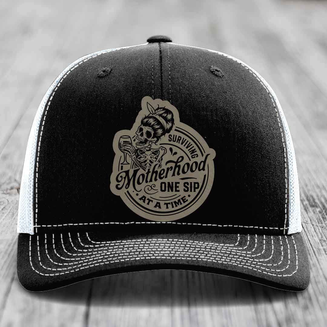 Surviving Motherhood, One Sip At A Time - Leather Patch Hat - Light Brown to Black Patch - Richardson 112 Snapback Trucker Hat