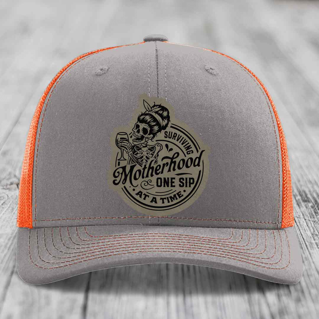 Surviving Motherhood, One Sip At A Time - Leather Patch Hat - Light Brown to Black Patch - Richardson 112 Snapback Trucker Hat