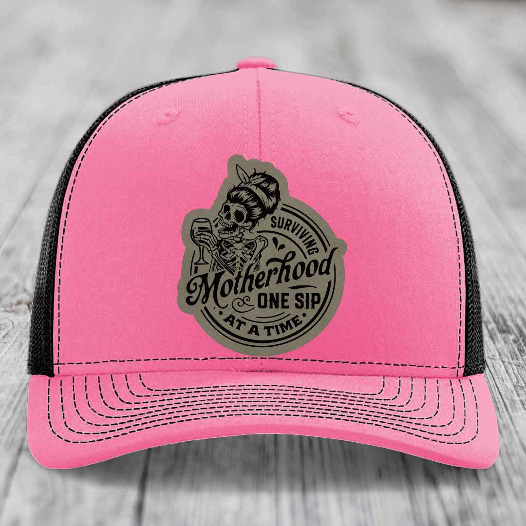 Surviving Motherhood, One Sip At A Time - Leather Patch Hat - Light Brown to Black Patch - Richardson 112 Snapback Trucker Hat