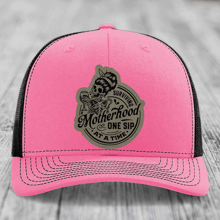 Surviving Motherhood, One Sip At A Time - Leather Patch Hat - Light Brown to Black Patch - Richardson 112 Snapback Trucker Hat