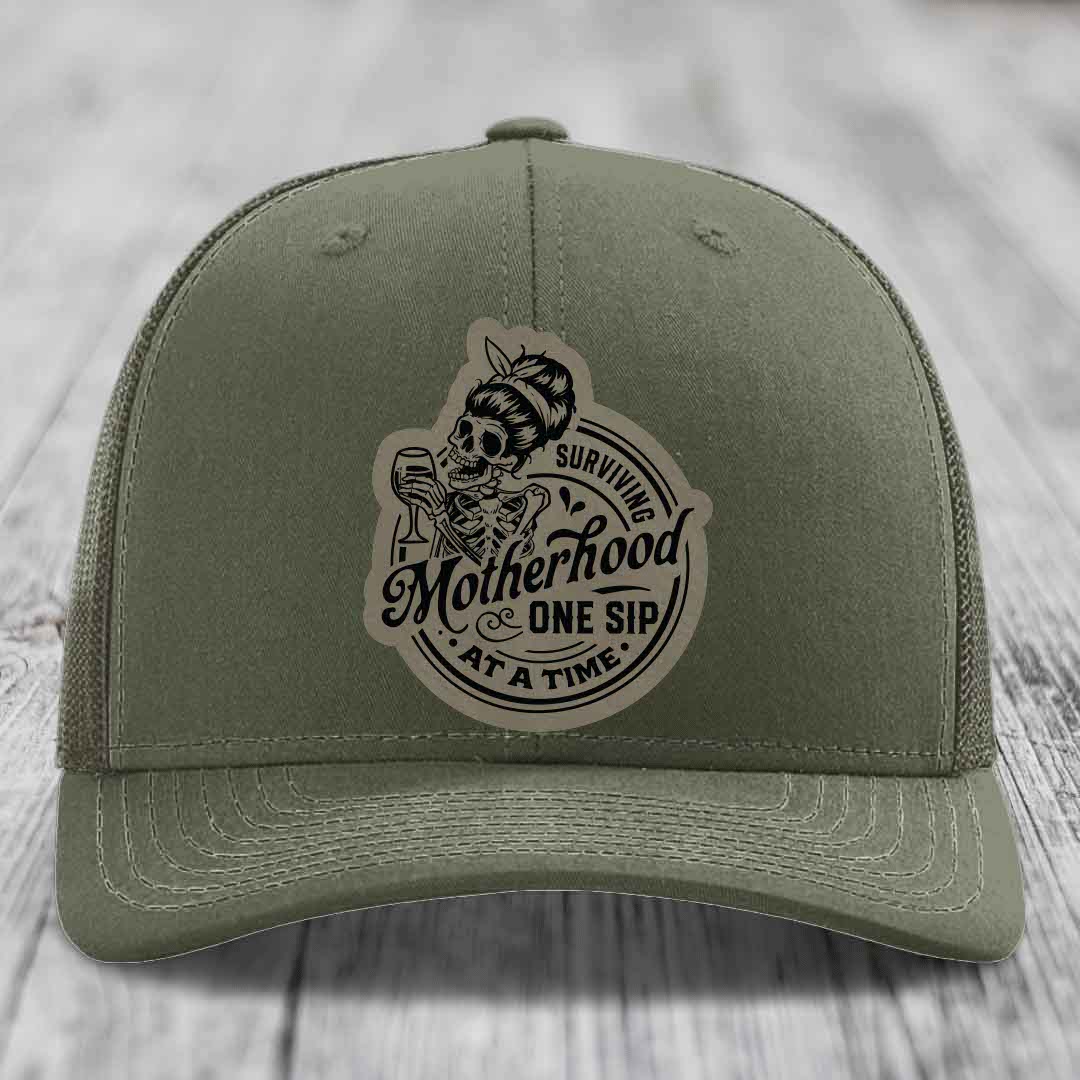 Surviving Motherhood, One Sip At A Time - Leather Patch Hat - Light Brown to Black Patch - Richardson 112 Snapback Trucker Hat
