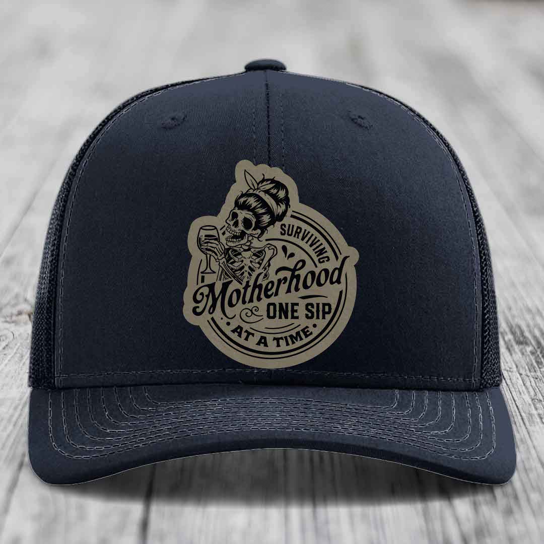 Surviving Motherhood, One Sip At A Time - Leather Patch Hat - Light Brown to Black Patch - Richardson 112 Snapback Trucker Hat