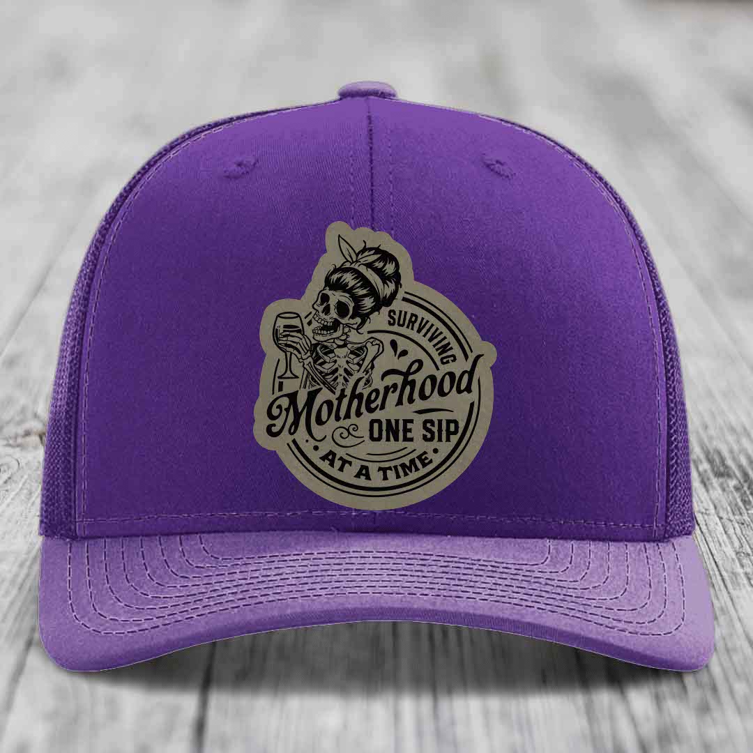 Surviving Motherhood, One Sip At A Time - Leather Patch Hat - Light Brown to Black Patch - Richardson 112 Snapback Trucker Hat