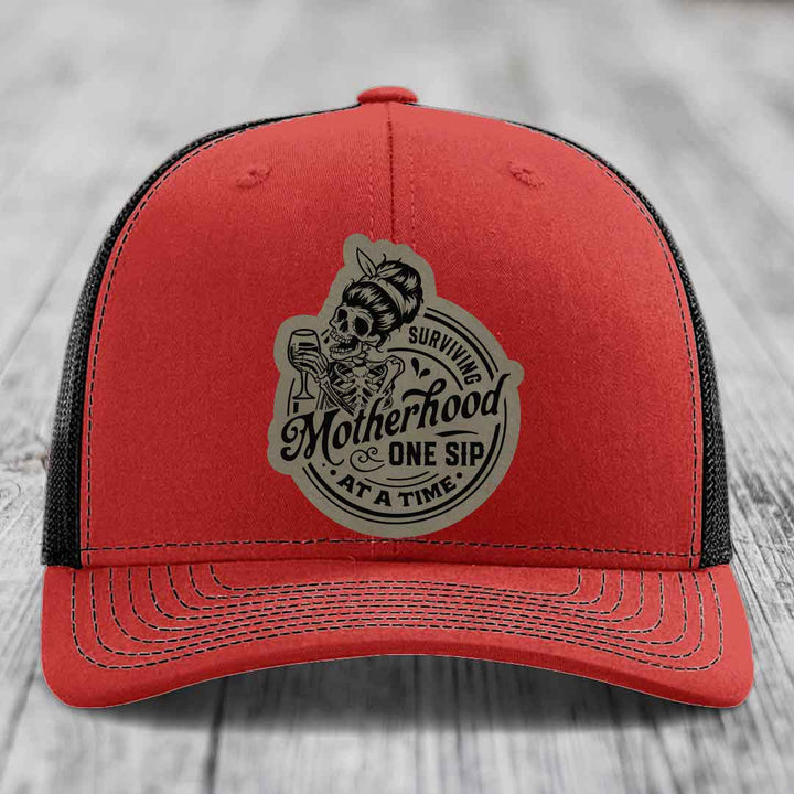 Surviving Motherhood, One Sip At A Time - Leather Patch Hat - Light Brown to Black Patch - Richardson 112 Snapback Trucker Hat
