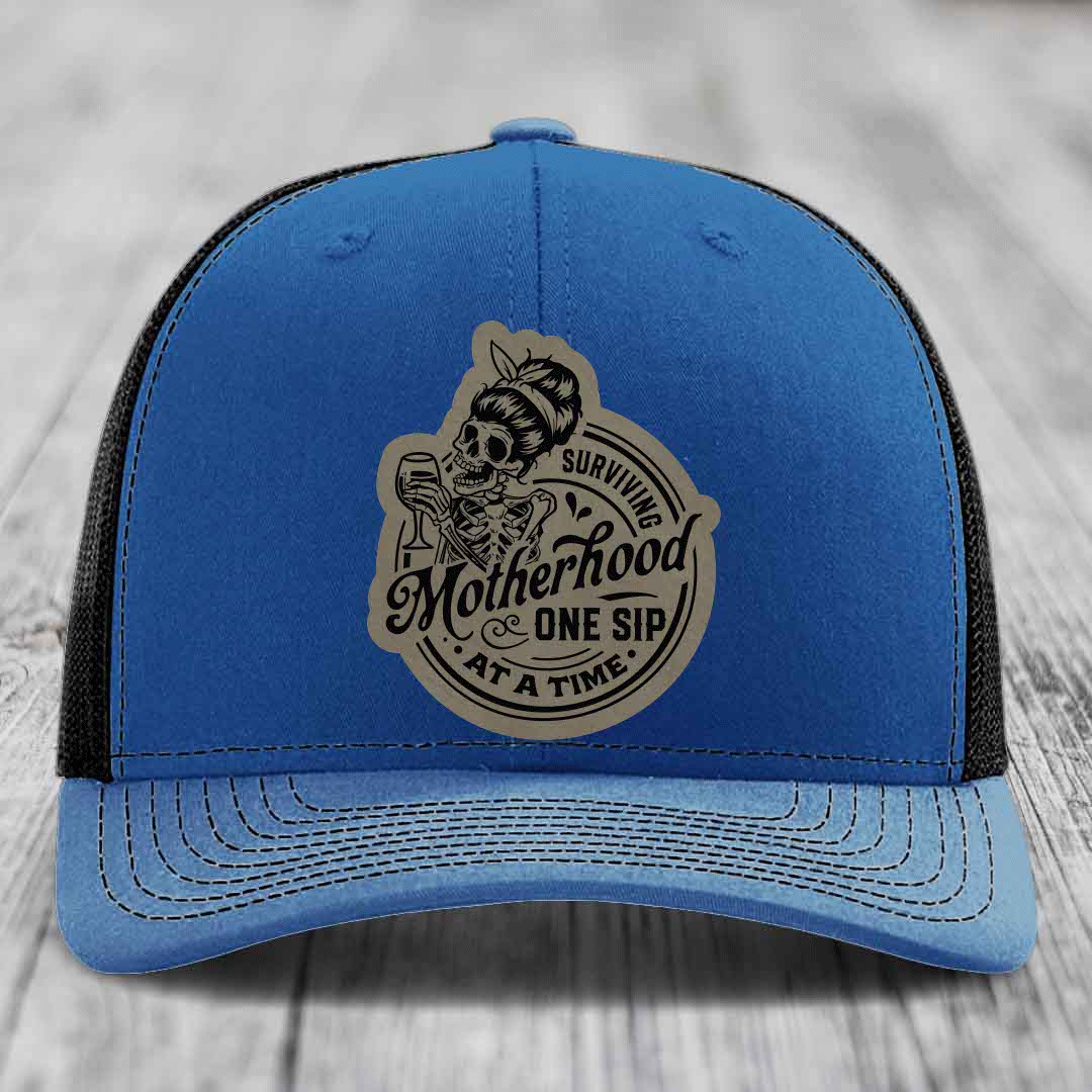 Surviving Motherhood, One Sip At A Time - Leather Patch Hat - Light Brown to Black Patch - Richardson 112 Snapback Trucker Hat