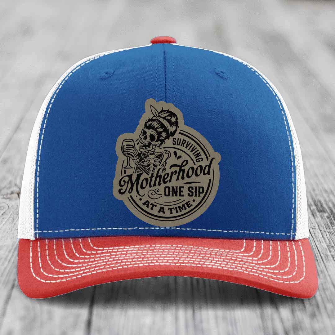 Surviving Motherhood, One Sip At A Time - Leather Patch Hat - Light Brown to Black Patch - Richardson 112 Snapback Trucker Hat