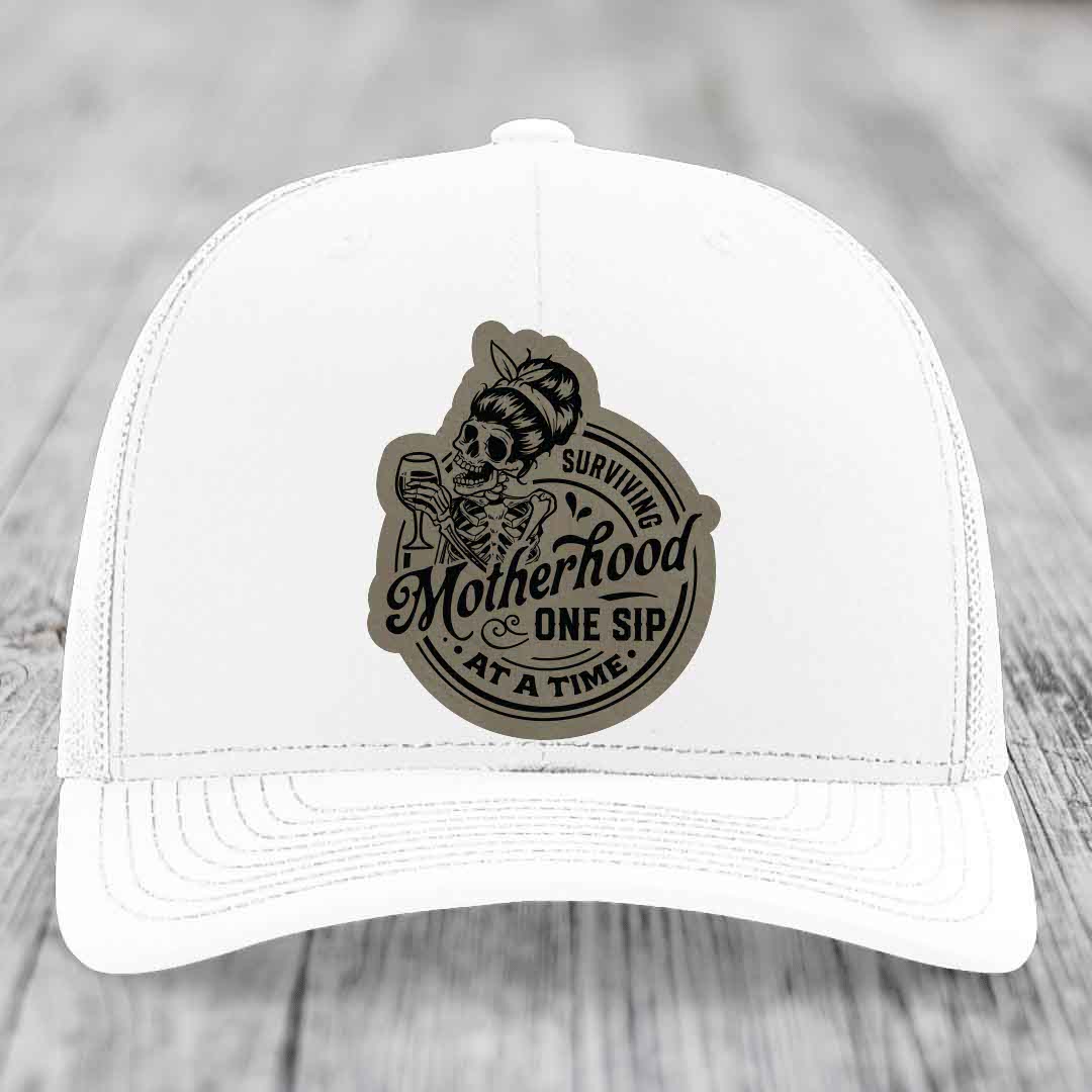 Surviving Motherhood, One Sip At A Time - Leather Patch Hat - Light Brown to Black Patch - Richardson 112 Snapback Trucker Hat